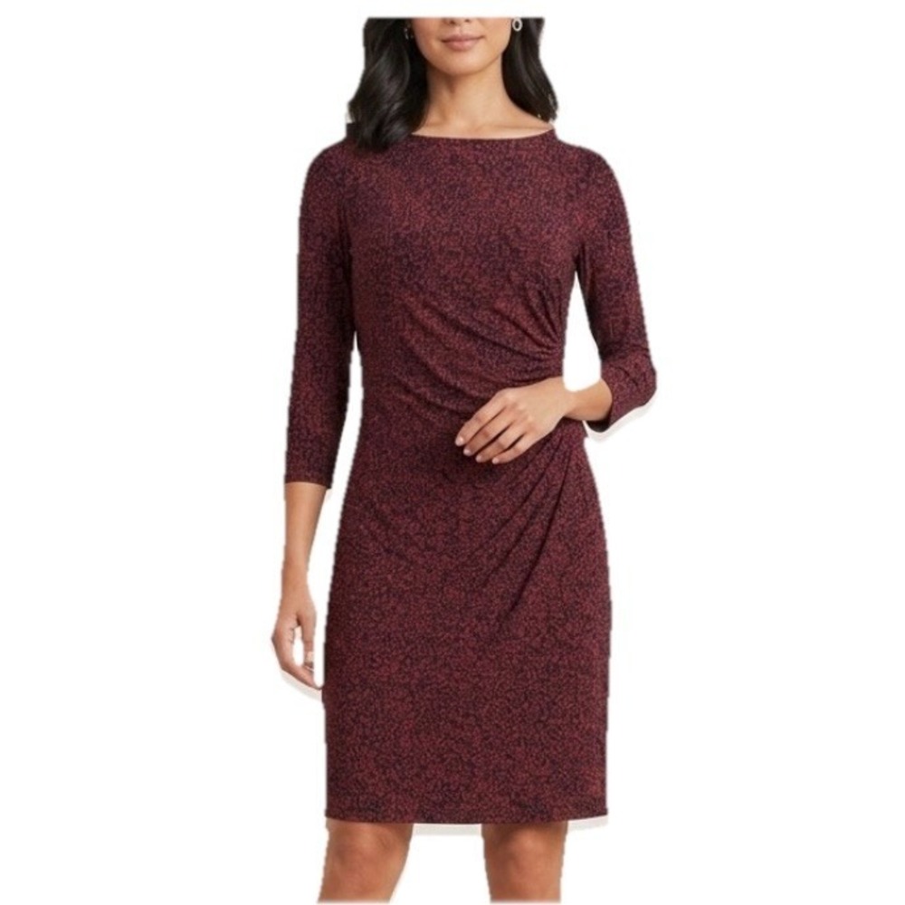 Ralph Lauren Red Black 3/4 Sleeve Ruched Stretch Sheath Dress Size 10